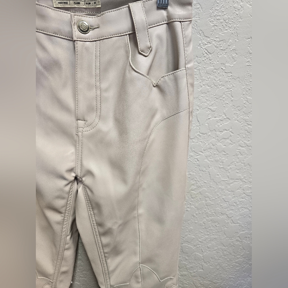 Rock & Roll Denim HIGH RISE EXTRA STRETCH FLARE FAUX LEATHER PANTS in Ivory - Picture 6 of 14